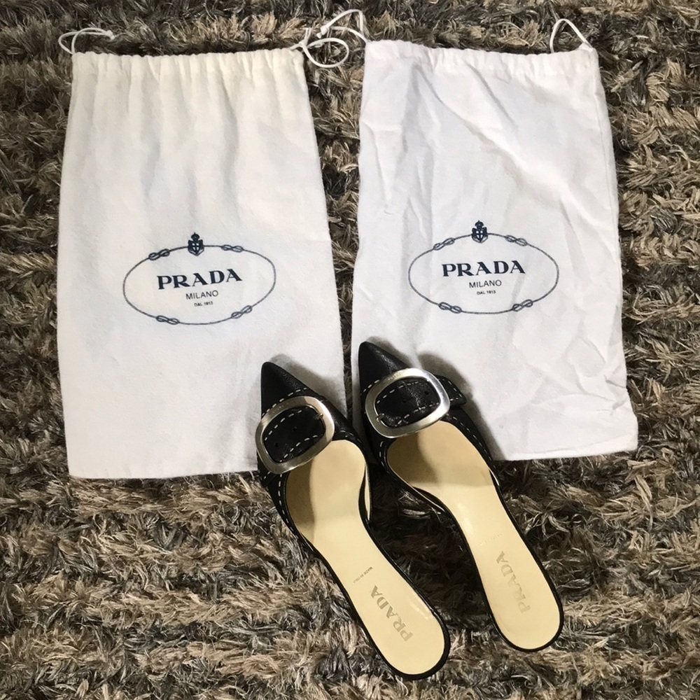 Prada Black Leather Buckle Mules White Contrast Stitch Kitten Heel 35.5 - Picture 7 of 7